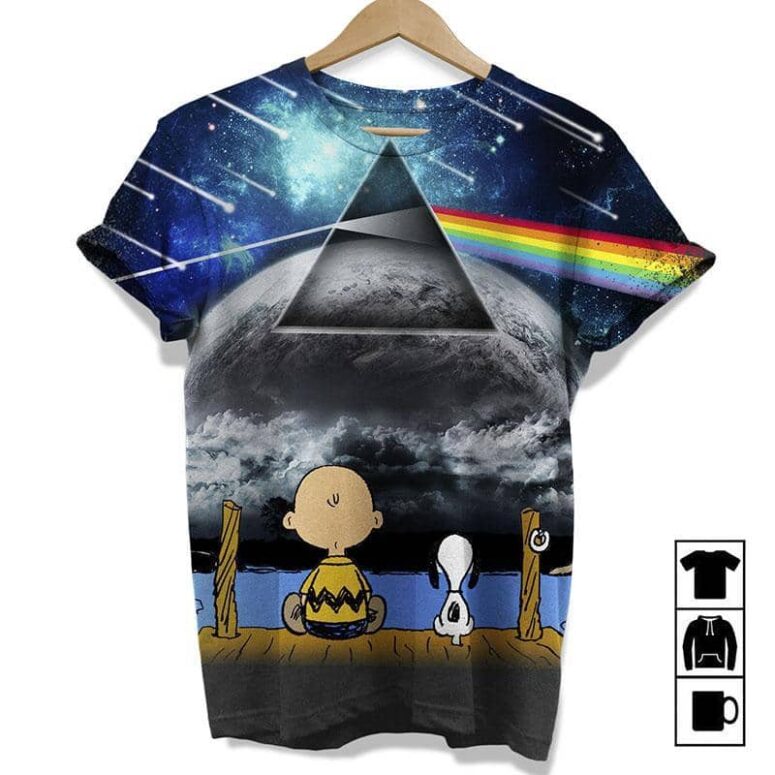 Snoopy And Charlie Brown Looking Dark Side Of The Moon Full Print Pink Floyd Shirt