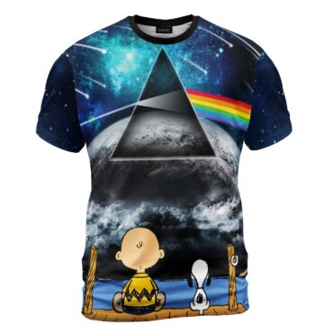 Snoopy And Charlie Brown Looking Dark Side Of The Moon Full Print Pink Floyd Shirt