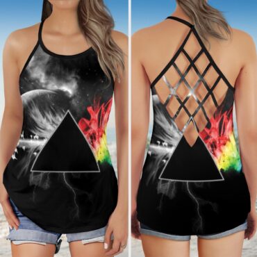 Dark Side Of the Moon in Space Digital Art Pink Floyd Criss Cross Tank Top