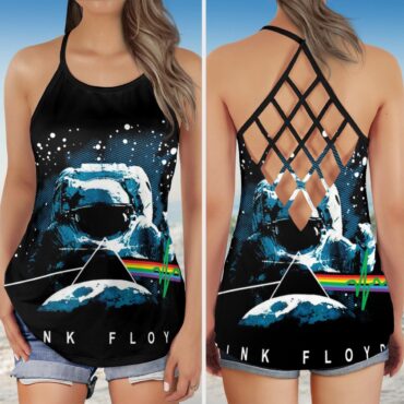 Pink Floyd Dark Side Of Moon Art Blue Criss Cross Tank Top