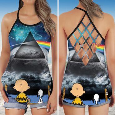 Snoopy And Charlie Brown Looking Dark Side Of The Moon Pink Floyd Criss Cross Tank Top