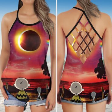 Snoopy Dark side of the moon Eclipse Galaxy Pink Floyd Criss Cross Tank Top